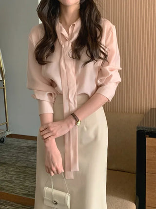 (3 colors) Basic Tie Blouse