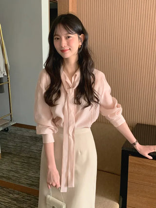 (3 colors) Basic Tie Blouse