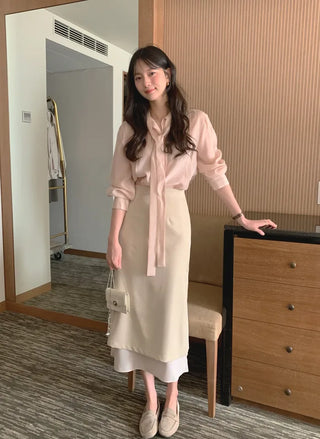 (3 colors) Basic Tie Blouse