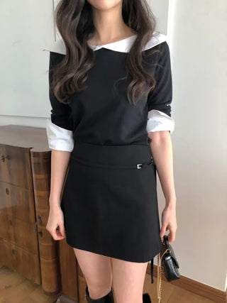 (2 colors) Belted mini skirt