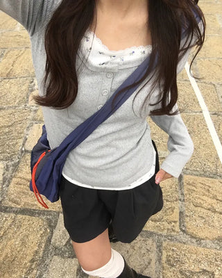 Lace Flower Layered Henley Long T-Shirt