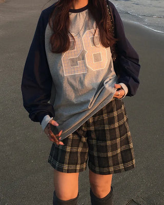 28 Tartan Check Patch Raglan Long T-Shirt