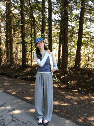 Ribbed wide-leg elastic waist pants