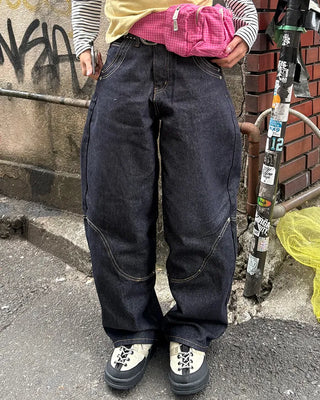 Knee Rivet Wave Stitch Wide Rigid Pants