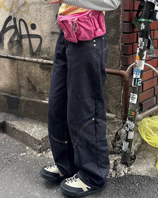 Knee Rivet Wave Stitch Wide Rigid Pants