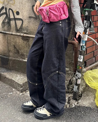 Knee Rivet Wave Stitch Wide Rigid Pants