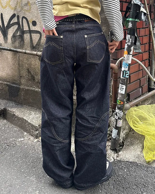 Knee Rivet Wave Stitch Wide Rigid Pants