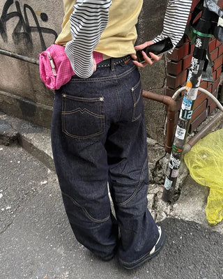 Knee Rivet Wave Stitch Wide Rigid Pants