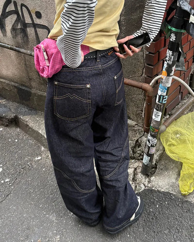 Knee Rivet Wave Stitch Wide Rigid Pants