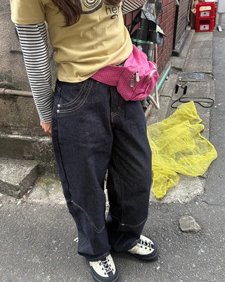 Knee Rivet Wave Stitch Wide Rigid Pants