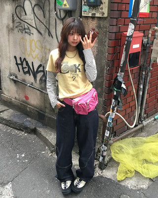 Knee Rivet Wave Stitch Wide Rigid Pants
