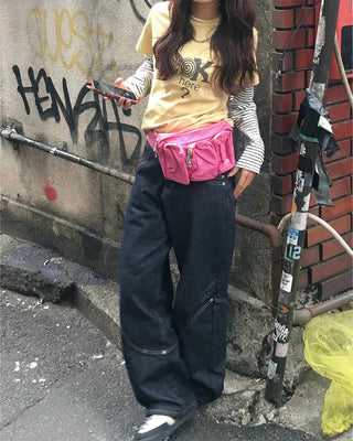 Knee Rivet Wave Stitch Wide Rigid Pants