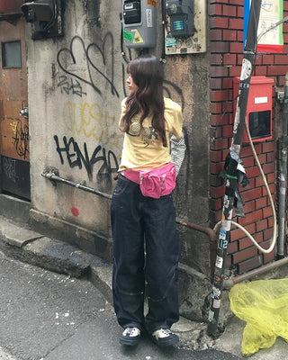 Knee Rivet Wave Stitch Wide Rigid Pants