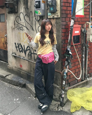 Knee Rivet Wave Stitch Wide Rigid Pants