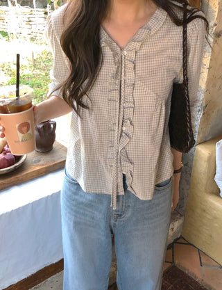 Checkered frill blouse