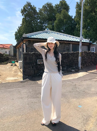 Ribbed wide-leg elastic waist pants