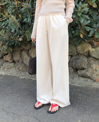 Ribbed wide-leg elastic waist pants
