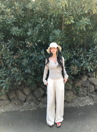 Ribbed wide-leg elastic waist pants