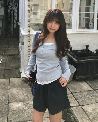 Lace Flower Layered Henley Long T-Shirt