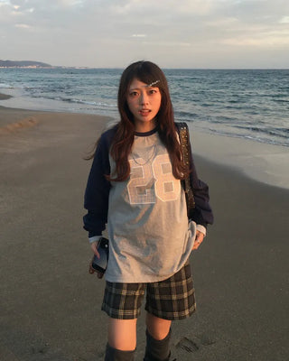 28 Tartan Check Patch Raglan Long T-Shirt
