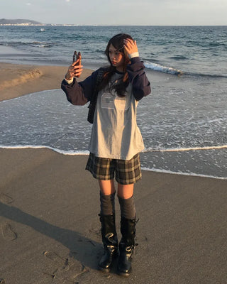 28 Tartan Check Patch Raglan Long T-Shirt