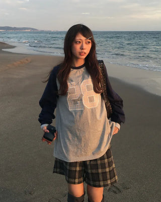 28 Tartan Check Patch Raglan Long T-Shirt