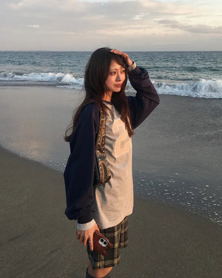 28 Tartan Check Patch Raglan Long T-Shirt