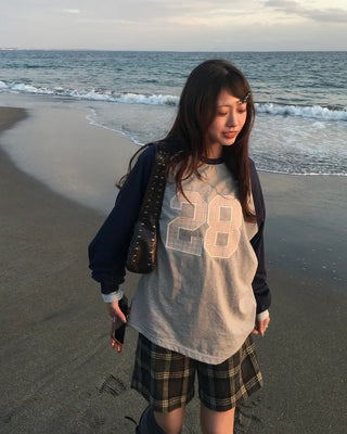 28 Tartan Check Patch Raglan Long T-Shirt