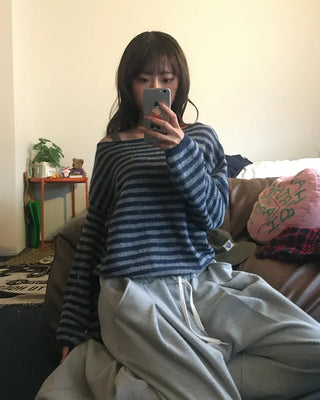 Boat neck striped loose knit