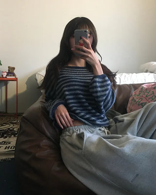 Boat neck striped loose knit