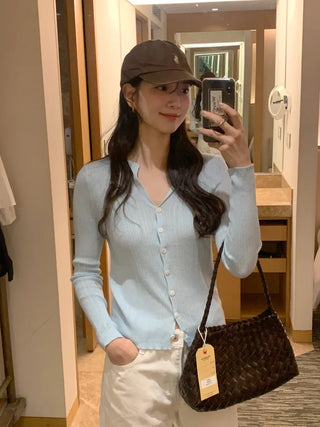 (4 colors) Ribbed V-neck cardigan