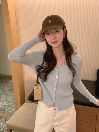 (4 colors) Ribbed V-neck cardigan