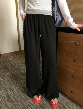 Ribbed wide-leg elastic waist pants