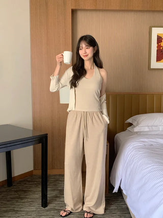 Ribbed wide-leg elastic waist pants