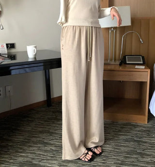 Ribbed wide-leg elastic waist pants