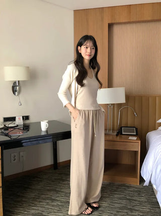 Ribbed wide-leg elastic waist pants