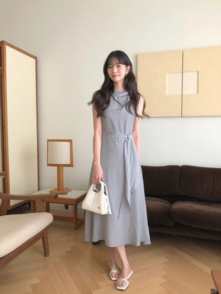 (2 colors) High-neck long dress