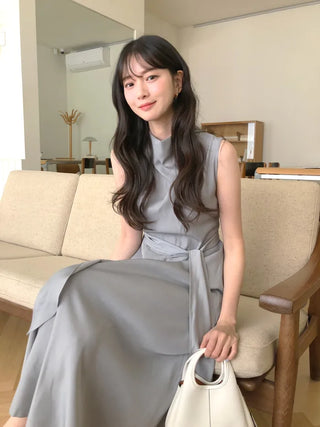 (2 colors) High-neck long dress