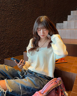 Camisole & Deep Glass Neck Mesh Knit