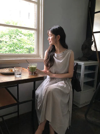 [2 colors] Boat neck long dress