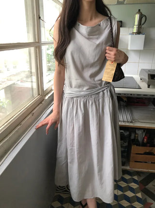 [2 colors] Boat neck long dress