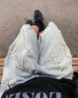 (Unisex) Cut-off Fringe Patch Bermuda Jeans