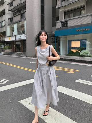 [2 colors] Boat neck long dress
