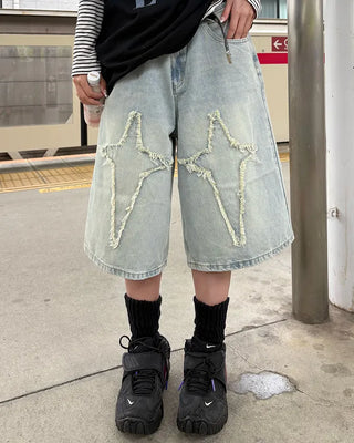 (Unisex) Cut-off Fringe Patch Bermuda Jeans