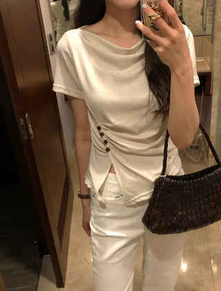 [[4]color] Off-shoulder shirred button T-shirt