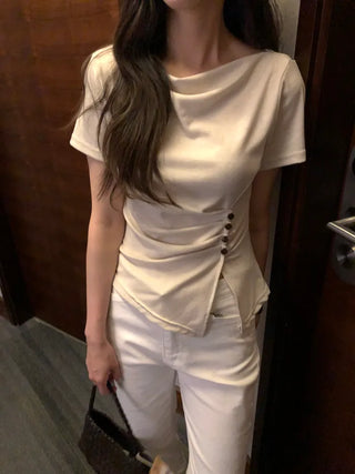 [[4]color] Off-shoulder shirred button T-shirt