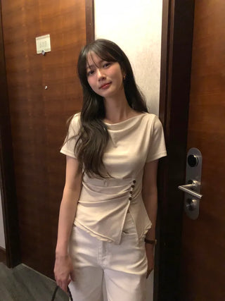 [[4]color] Off-shoulder shirred button T-shirt