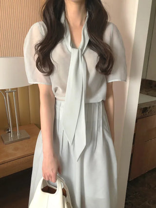 [2 colors] Tie blouse