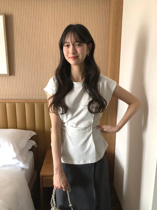 [2 colors] Shirred T-shirt