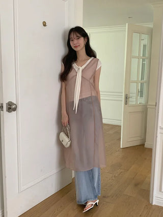 [3 colors] See-through layered dress